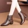 Leather short boots women's shoes - Dark Brown