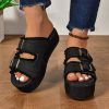 heel denim belt buckle slip-on sandals for women - Black