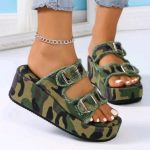 heel denim belt buckle slip-on sandals for women