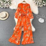 Spring and autumn light and familiar style V-neck bell-sleeve waist printing jumpsuit fashion high waist straight wide leg jumpsuit women
